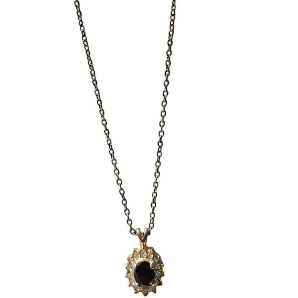 Vintage Oval Red Gemstone Pendant Necklace Clear Accent Stones Gold Tone Jewelry